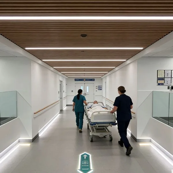 Energieeffiziente Korridorbeleuchtung, die den Standards nach Titel 24 entspricht und für den 24/7-Dauerbetrieb in medizinischen Zentren optimiert ist.