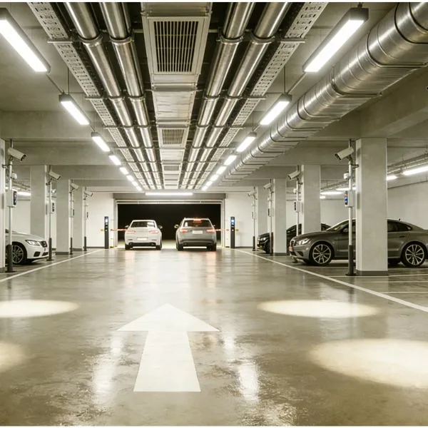 Luminárias de LED à prova de vapor de 4 pés, sem necessidade de manutenção, fornecendo iluminação brilhante e uniforme em porões de edifícios comerciais.