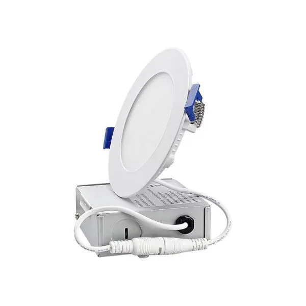 Close-up of the 5CCT selectable switch on a Prillumenlight wafer downlight (2700K to 5000K).