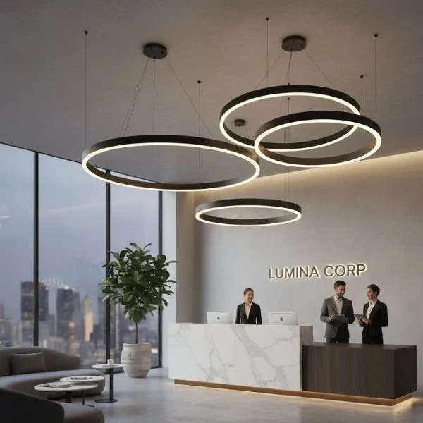 검은색 원형 LED 링 펜던트가 계층적으로 설치된 전문 사무실 로비로, 자연 목재 액센트와 유리 칸막이가 있는 미니멀리스트 리셉션 공간을 강조합니다.