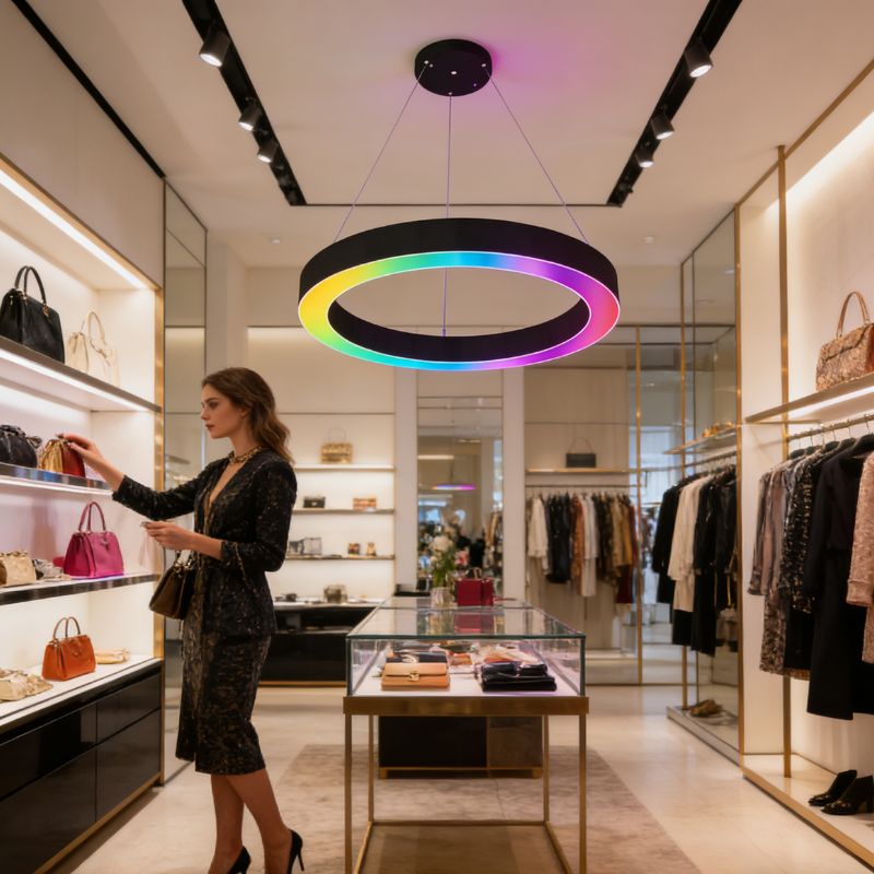 RGBCW ring pendant light delivering tunable white illumination with RGB color accents in a retail showroom environment