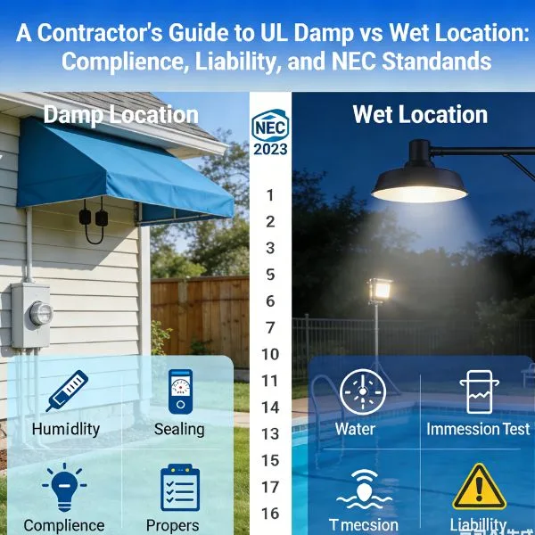 A side-by-side comparison of UL Damp vs. Wet Location lighting fixtures, featuring a modern bathroom vanity light and an outdoor floodlight with water exposure for contractor compliance guide.