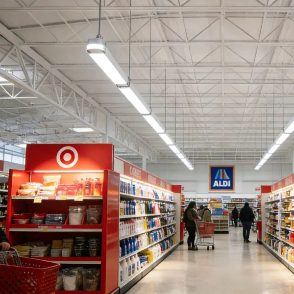 Seamless continuous row-mount linear lighting in a grocery aisle for uniform light distribution
