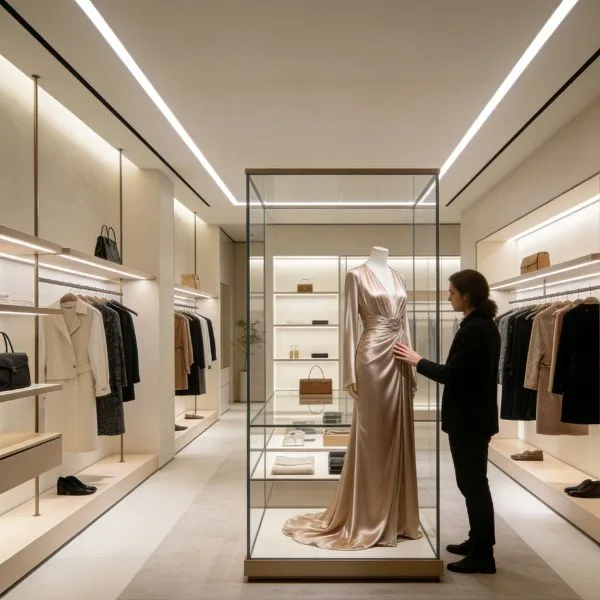 Architectural seamless linear LED lighting with CRI 95+ in a luxury high-fashion boutique, highlighting fabric textures.