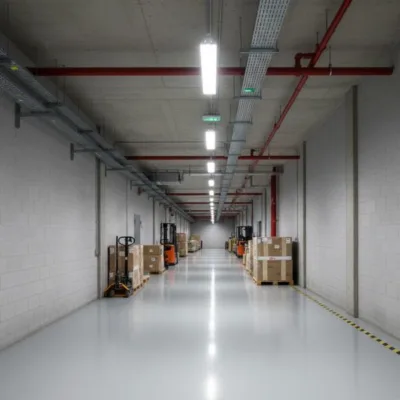 IK10 impact-resistant LED vaportight fixtures illuminating a retail service corridor, featuring moisture and dust-proof design