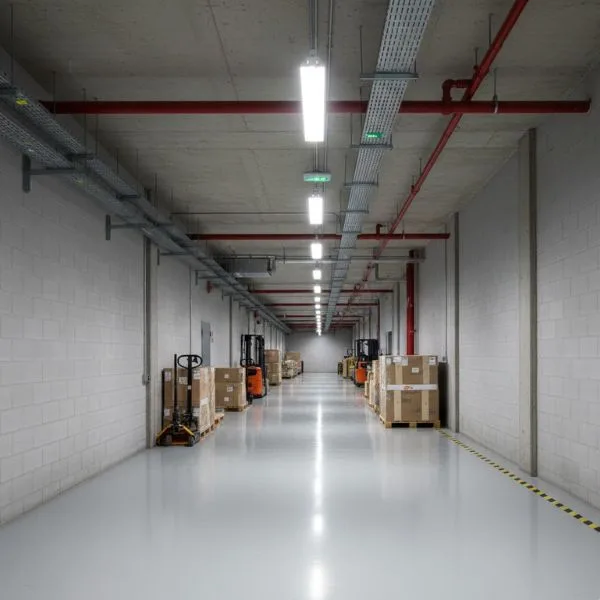 IK10 impact-resistant LED vaportight fixtures illuminating a retail service corridor, featuring moisture and dust-proof design