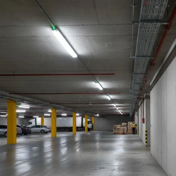 4ft IP66 rated vaportight linear lighting fixtures installed in an underground car park for enhanced security and visibility