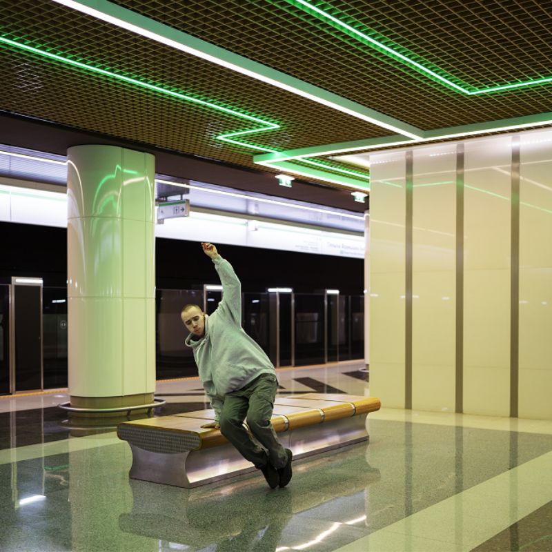 linear light ceiling at subway station
