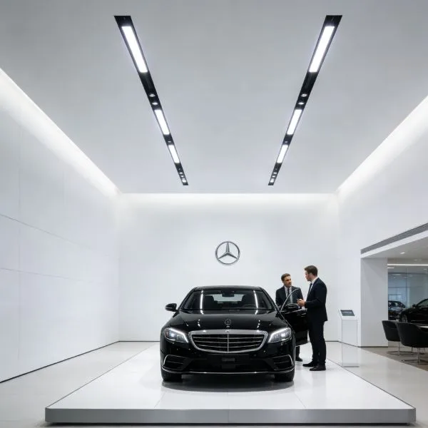 Continuous linear light profiles creating sleek reflections on luxury cars in a modern automotive flagship showroom
