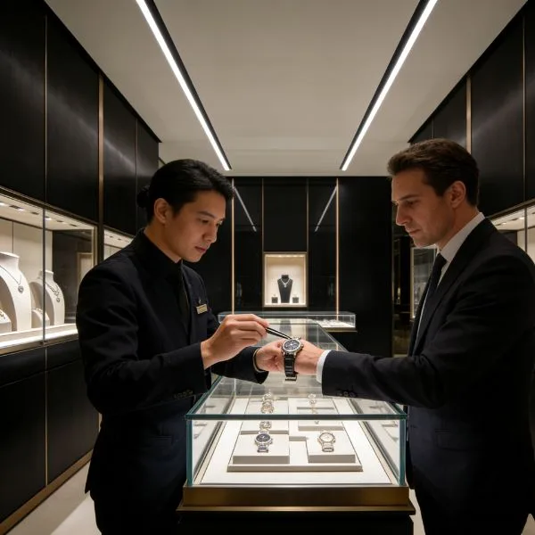 Precision linear lighting system in a luxury jewelry showroom providing museum-grade color accuracy for diamond displays