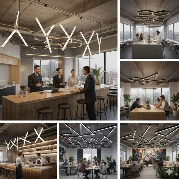 곡선형 빛 실루엣으로 정의된 고급 기업 라운지. 부드럽고 연속적인 주변 빛이 편안한 사회적 분위기를 높이며, 현대적인 임원 회의 공간 위에 세련된 중심점을 제공합니다.