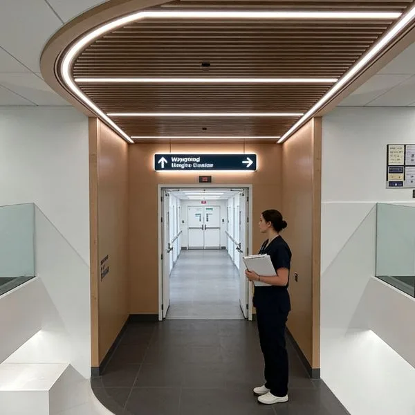 Seamless continuous run linear lighting providing shadow-free illumination throughout long clinical transit spaces.