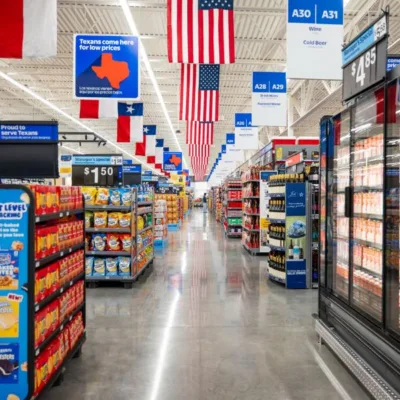 A long, seamless row of continuous linear lighting fixtures illuminating a modern supermarket aisle.