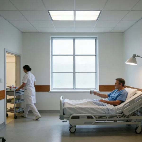 Flache Einbaudecken-LED-Troffer, die für enge Deckenräume bei Renovierungen in deutschen Krankenhäusern entwickelt wurden.