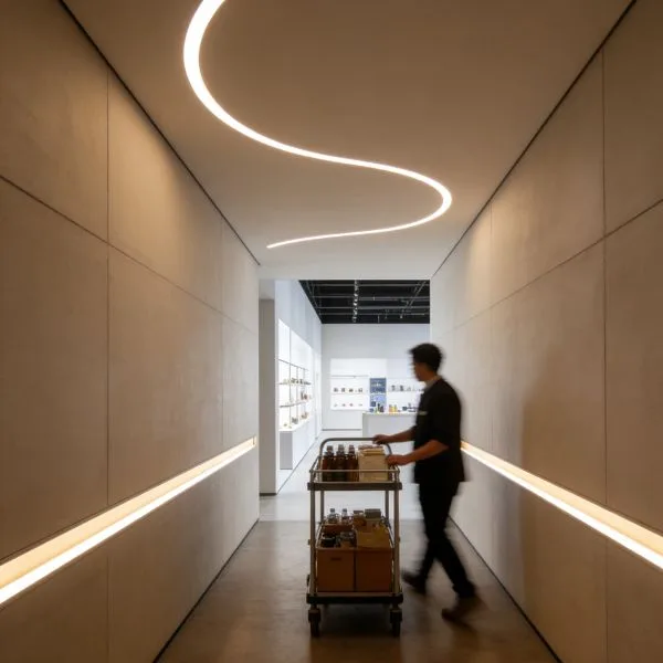 Close-up detail of trimless seamless linear lighting connection, showing zero dark spots and clean ceiling integration