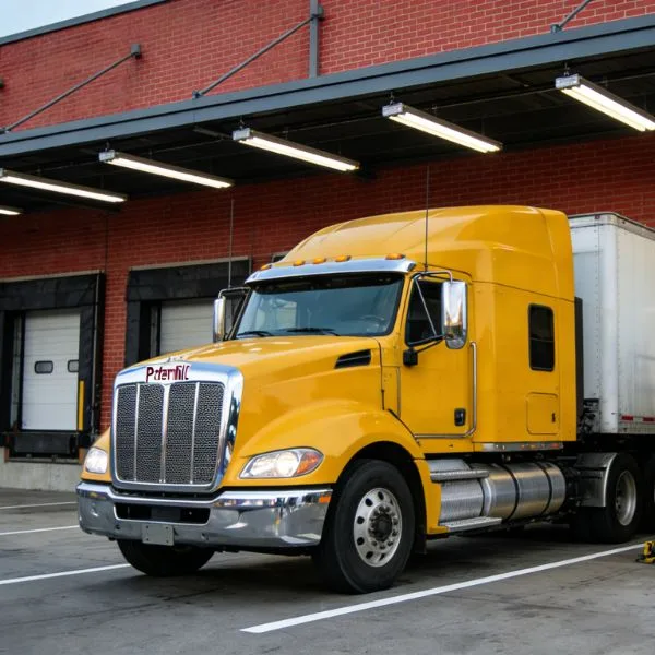 Luminárias lineares impermeáveis à prova de vapor com clips de aço inoxidável instaladas no teto de um cais de carga de varejo ao ar livre.