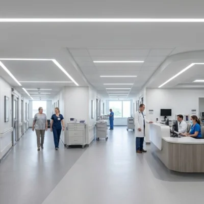 Een heldere, steriele moderne ziekenhuisgang en verpleegpost met 4-inch brede inbouwlineaire verlichting. De armaturen zijn gerangschikt in een schone, doorlopende lijn binnen het gipsplafond, wat schaduwvrije, uniforme verlichting biedt die essentieel is voor klinische omgevingen en bewegwijzering.