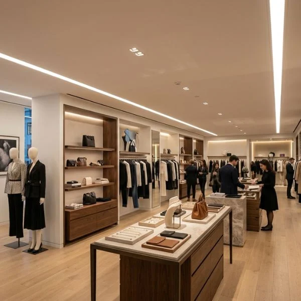 高級ファッションブティックの内部で、4インチの埋込線形照明が石膏天井に組み込まれています。これらの照明は、衣料品ラックや大理石のディスプレイアイランドにクリーンで高CRIの照明を提供し、商品テクスチャーを際立たせるミニマリストでトリムレスな美学を実現しています。.