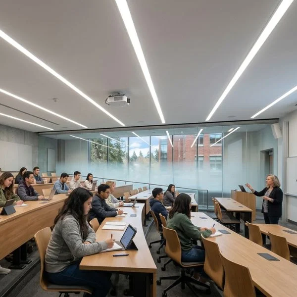 Eine Universitätsvorlesungshalle mit hohen Decken, ausgestattet mit 4-Zoll-eingelassenen linearen LED-Leuchten. Das parallele Layout sorgt für blendfreies, gleichmäßiges Licht (UGR