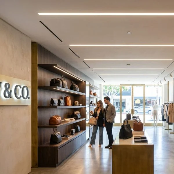 A professional view of a luxury boutique entrance featuring parallel 4-inch recessed linear LED lighting. The seamless drywall integration creates clean lines that guide customers into the store, highlighting premium leather goods and apparel in a high-end commercial setting.