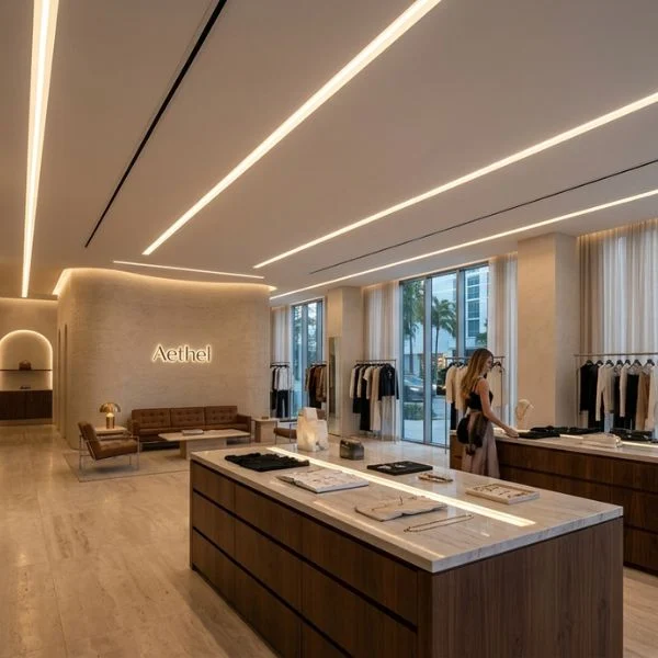 Interior of a high-end showroom showcasing 4-inch recessed linear LED slots positioned over marble display islands. The lighting provides uniform, high-CRI illumination that defines key product zones while maintaining a minimalist, trimless ceiling aesthetic.
