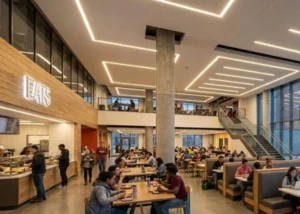A vibrant university cafeteria and student commons area illuminated by 4-inch recessed linear lighting. The versatile L-shaped layouts define different social and dining zones, providing high-CRI, welcoming light for high-traffic campus facilities.