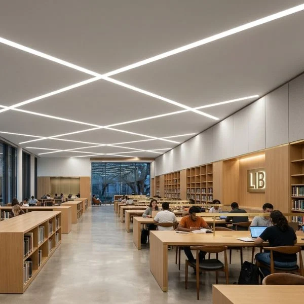 Modern university library showcasing 4-inch recessed linear lights in a creative intersecting geometric pattern. This architectural lighting solution provides functional task light for study zones while enhancing the contemporary design of the learning space.