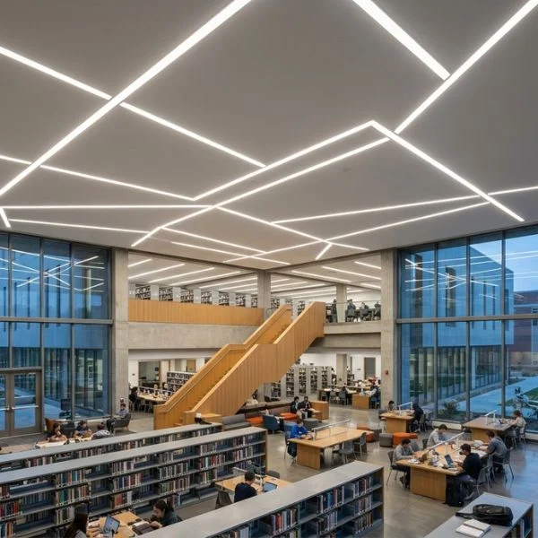高い石膏天井を持つ広々とした現代的な大学図書館の内部で、4インチの埋込線形ライトが創造的で交差する幾何学模様に配置されています。この照明は、学習エリアや書棚のための実用的なタスクライトを提供するとともに、力強い建築デザインの要素としても機能します。.