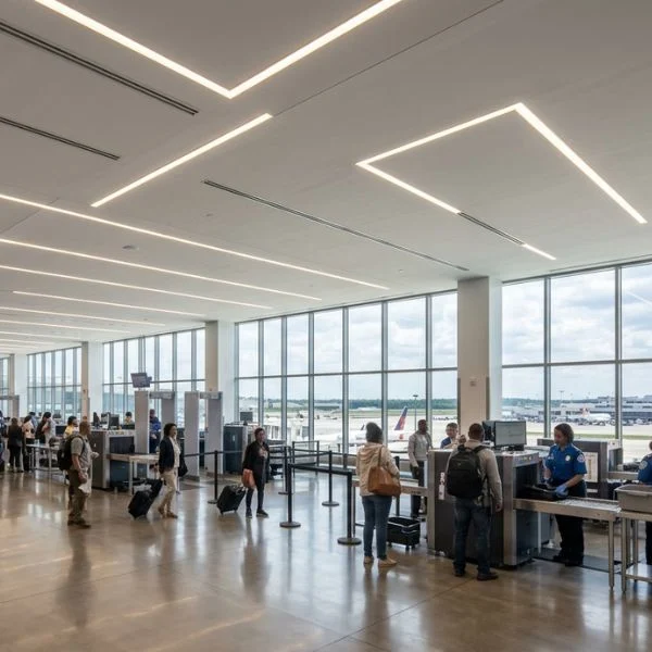 ممر حديث في المطار يتميز بإضاءة LED خطية منخفضة مستمرة بقطر 4 إنش. يوفر التركيب السلس المدمج خطوط إضاءة طويلة ومتواصلة توجه الركاب عبر المطار، مما يخلق تجربة إرشاد واضحة ومضيئة.