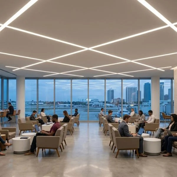 Modern airport seating area and passenger lounge with a geometric recessed linear lighting layout. The 4-inch architectural LED slots provide uniform illumination and a sophisticated aesthetic for high-traffic transit hubs