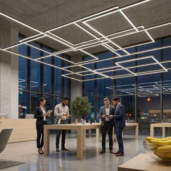 showroom de tecnologia espaçoso, com pé-direito alto (30 pés) e uma grade linear arquitetônica de pendentes Prillumen Light com acabamento preto, apresentando atores clientes ativos e sutis detalhes em banana, destacando iluminação profissional de varejo e design moderno.