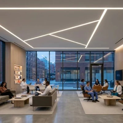 A modern healthcare waiting lounge and staff collaborative space with geometric recessed linear lighting patterns. This 4-inch architectural LED solution provides a low-glare, comforting atmosphere for patients and visitors.