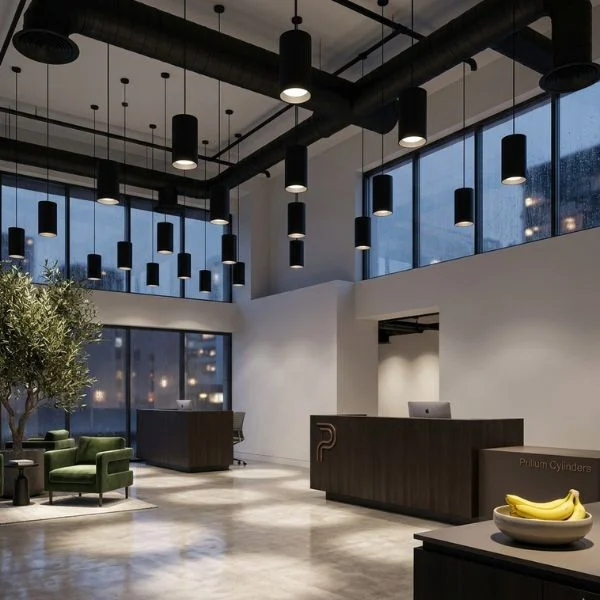 8-inch black cylinder pendant lights installed in an open-plenum corporate office lobby, featuring low-glare downlighting and professional industrial-chic aesthetic.