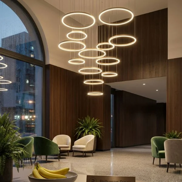 Multiple suspended linear LED ring fixtures by Prillumen Light in a luxury hotel lobby, showcasing custom architectural lighting design and 3000K warm ambiance.