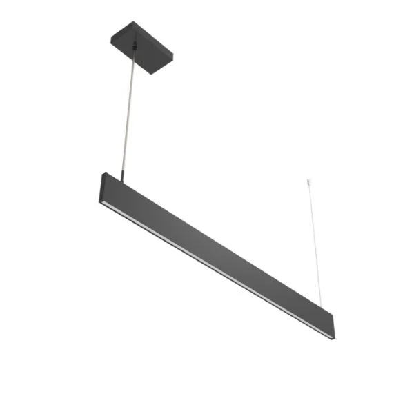 Black slim architectural linear pendant light with flat lens for commercial interiors