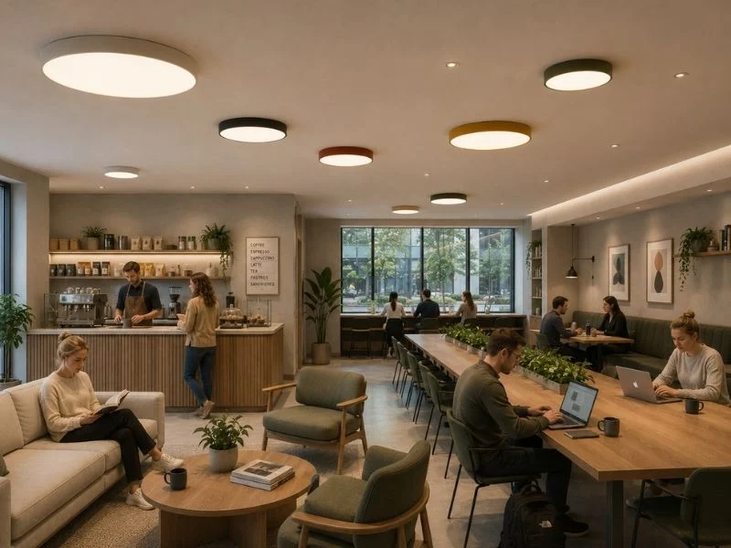 Large round LED pendant commercial installation