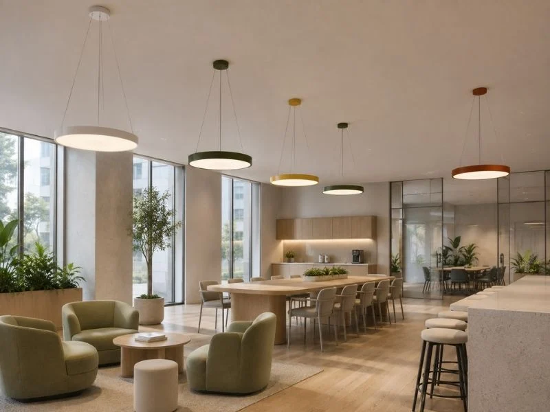 Solid round pendant lighting in a designed interior