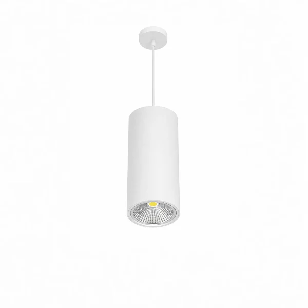 White cylinder pendant light with power cord suspension