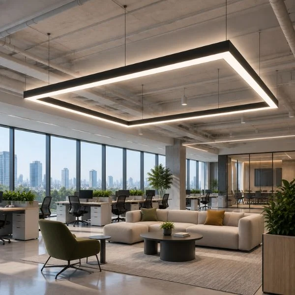 Suspended architectural linear lighting pattern in commercial interior