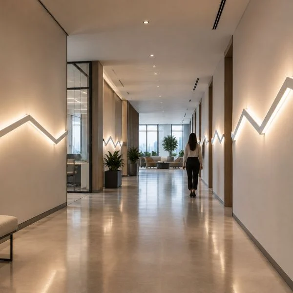 Wall mounted architectural linear lighting pattern