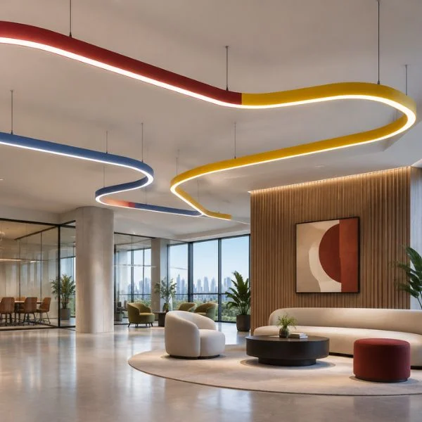 Curved linear pendant lighting in office application