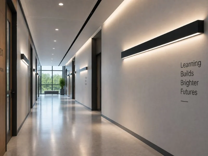 Wall mounted linear lighting used in a healthcare corridor