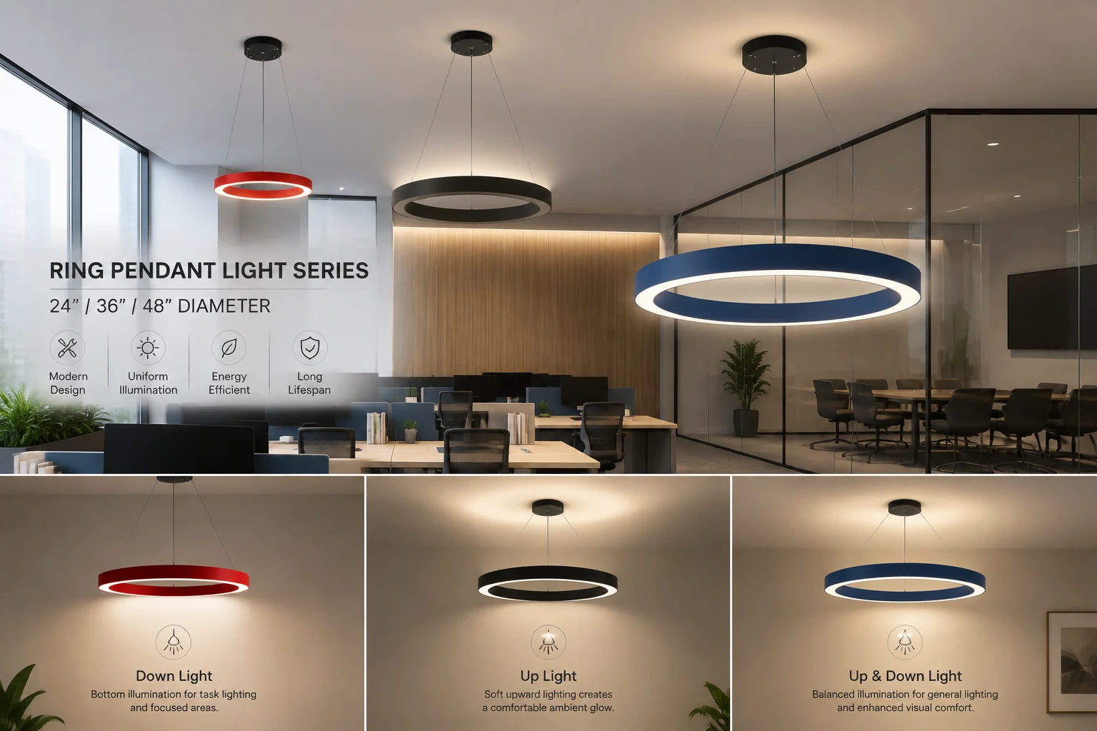 LED ring pendant direct and indirect up down lighting options